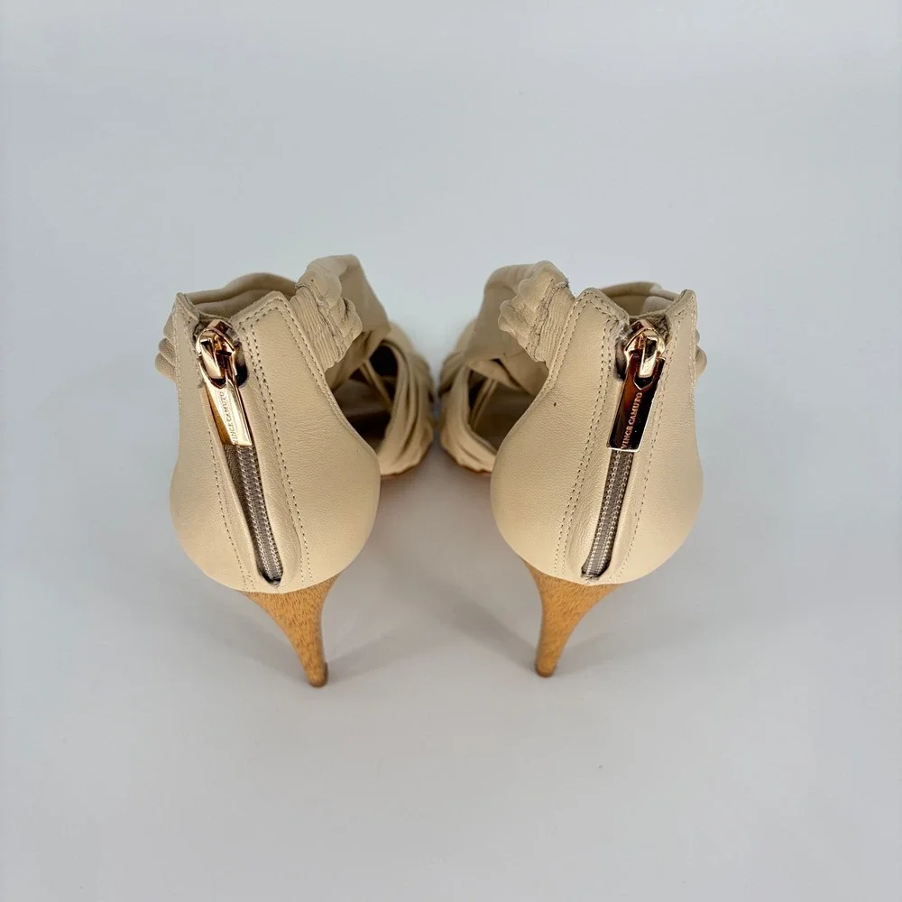 Vince Camuto Beige Leather Strappy Ruched Heeled Sandals Wood Heel Size 9.5M